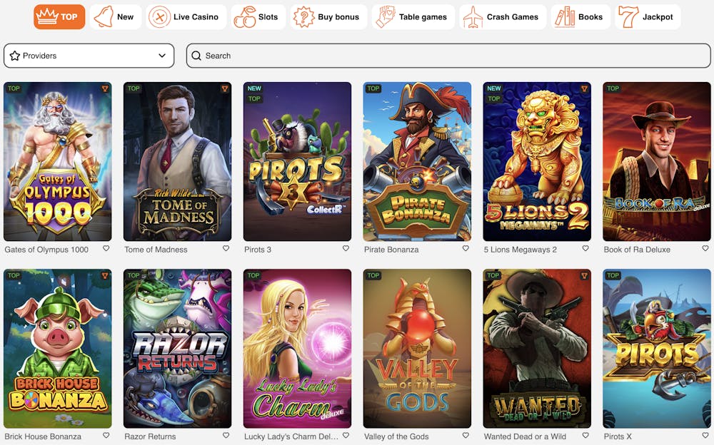 popular game section on All Spins Casino’s homepage showcasing top games like Gates of Olympus 1000, Rich Wilde and the Tome of Madness, Pirats 3, Pirate Bonanza, and Book of Ra Deluxe
