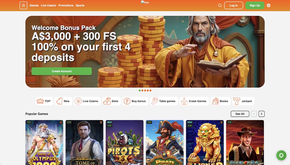 The homepage of All Spins Casino featuring the welcome bonus pack offering A$3,000 and 300 free spins across the first four deposits. The image includes a wizard character holding a book, with a colorful background of golden coins