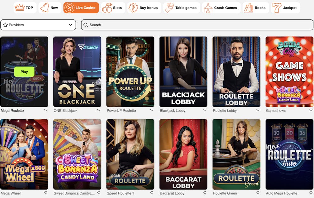 All Spins Casino live casino section displaying various live games, including Mega Roulette, PowerUP Roulette, ONE Blackjack, and other game lobbies such as Blackjack, Baccarat, and Speed Roulette.
