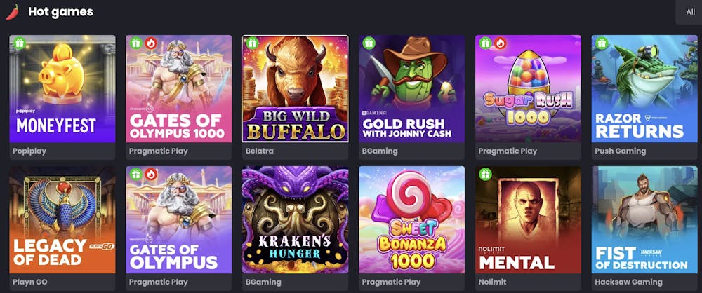 selection of hot games at Asino Casino featuring popular pokies like Moneyfest by Popiplay, Gates of Olympus 1000 by Pragmatic Play, Big Wild Buffalo by Belatra, Gold Rush with Johnny Cash by BGaming, Sugar Rush 1000 by Pragmatic Play, and Razor Returns by Push Gaming. The screenshot also includes Legacy of Dead by Play’n GO, Kraken’s Hunger by BGaming, Sweet Bonanza 1000 by Pragmatic Play, Mental by Nolimit City, and Fist of Destruction by Hacksaw Gaming, highlighting a vibrant and diverse slots portfolio.