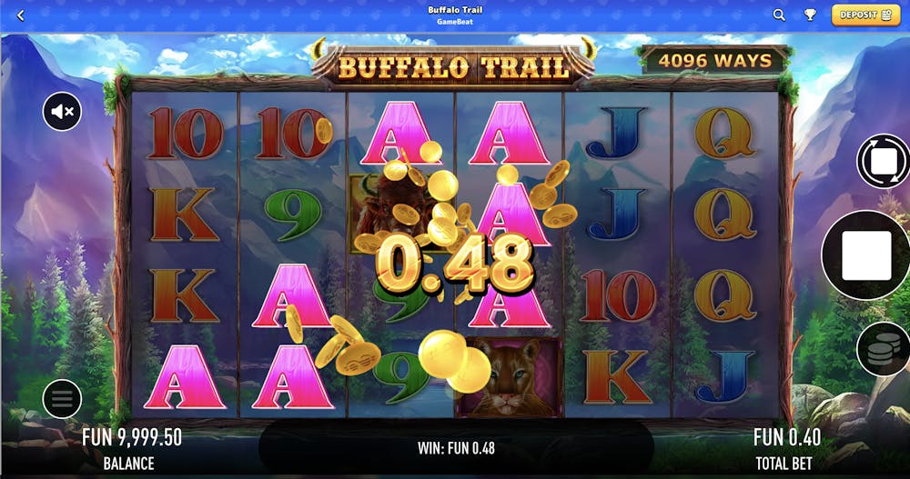  Buffalo Trail slot game showing a winning combination of three 'A's and coins with a win of 0.48 FUN. The game features vibrant symbols like the buffalo and jungle animals, with the total bet shown as 0.40 FUN and the balance displayed as 9,999.50 FUN.