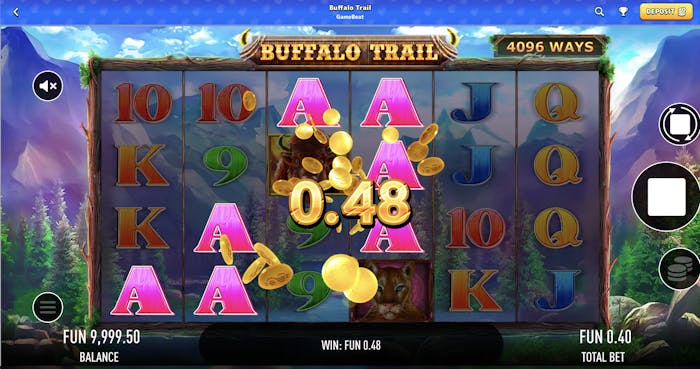  Buffalo Trail slot game showing a winning combination of three 'A's and coins with a win of 0.48 FUN. The game features vibrant symbols like the buffalo and jungle animals, with the total bet shown as 0.40 FUN and the balance displayed as 9,999.50 FUN.
