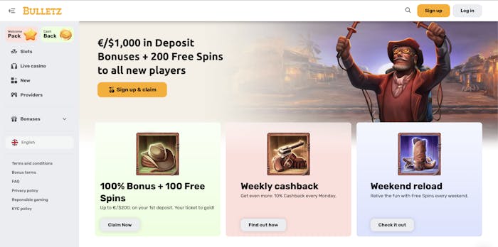 The Bulletz Casino homepage features a western-themed welcome banner promoting a €/$1,000 welcome package with 200 free spins. The layout includes a sidebar with casino sections like slots, live casino, and bonuses, along with a “Sign Up & Claim” button for new players.