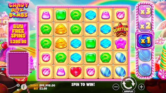 Candy Blitz Bombs pokie reels featuring colourful candy symbols on a 6x5 grid, with a multiplier ladder on the right and a scatter star symbol highlighted on the reels.