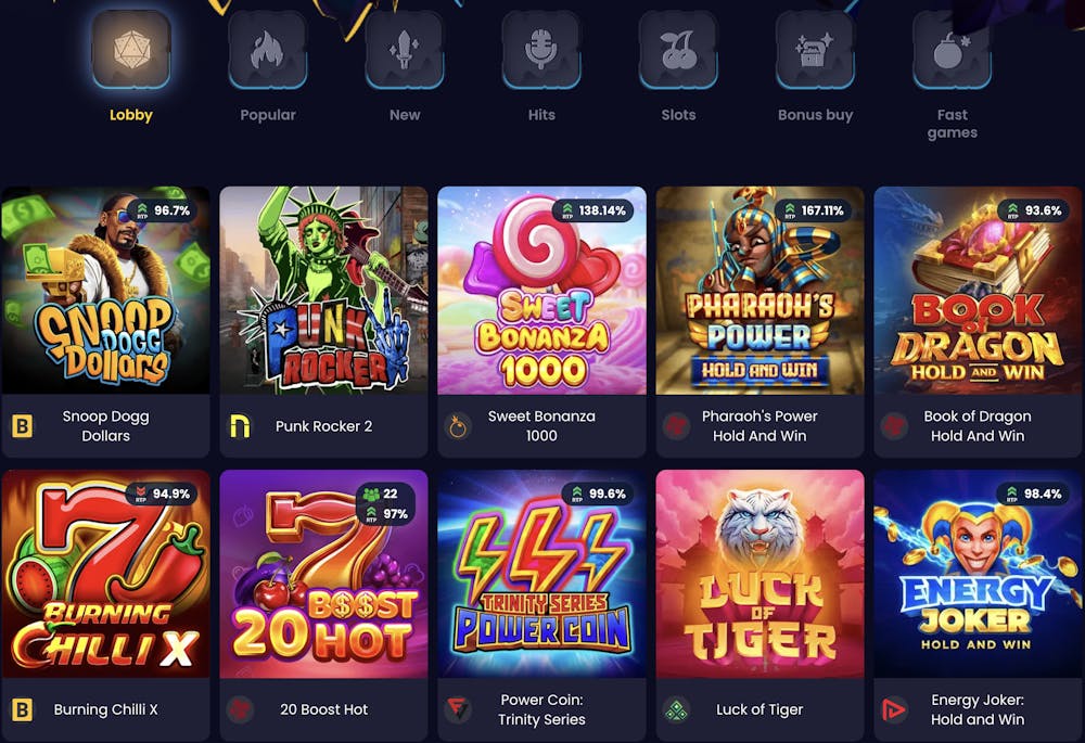 SlotsGem pokies lobby featuring popular slot games like 'Snoop Dogg Dollars,' 'Sweet Bonanza 1000,' 'Pharaoh’s Power,' and 'Book of Dragon Hold And Win.