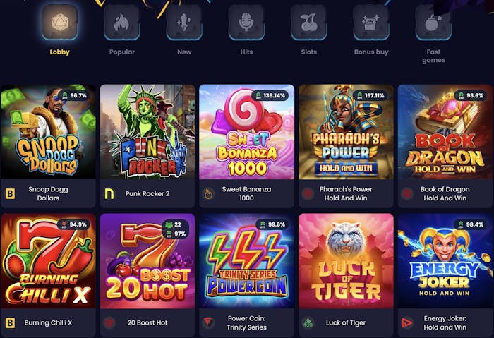 SlotsGem pokies lobby featuring popular slot games like 'Snoop Dogg Dollars,' 'Sweet Bonanza 1000,' 'Pharaoh’s Power,' and 'Book of Dragon Hold And Win.