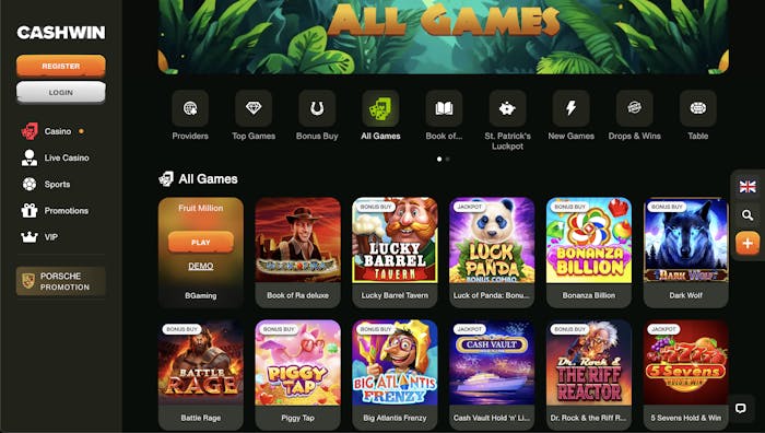 All Games section at Cashwin Casino, featuring various game icons such as Book of Ra, Lucky Barrel Tavern, and Bonanza Billion, with a demo option for Fruit Million.