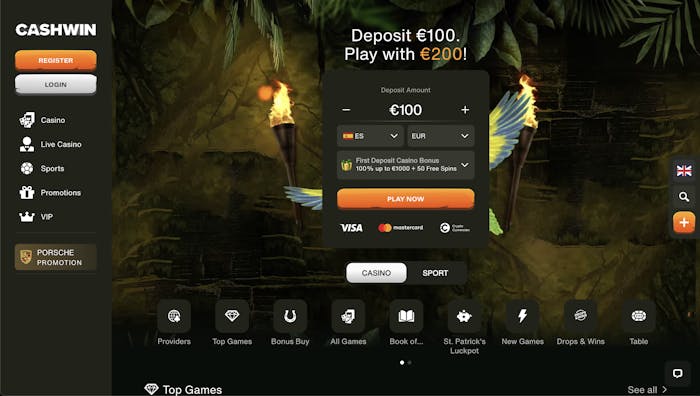 Cashwin Casino homepage with a promotional banner offering a €100 deposit bonus, giving a total of €200 to play with. The interface shows options for casino, live casino, sports, promotions, and VIP sections.
