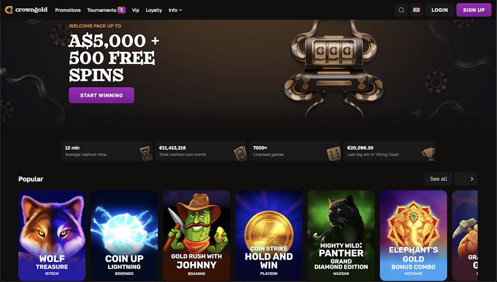 Crown Gold Casino homepage showcasing a welcome bonus, popular games, and navigation to casino, live casino, sports, and promotions.