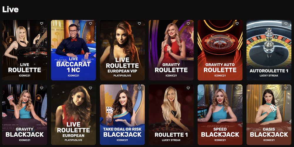 Selection of live casino games at Crown Gold Casino, including live roulette, baccarat, and blackjack with professional dealers.