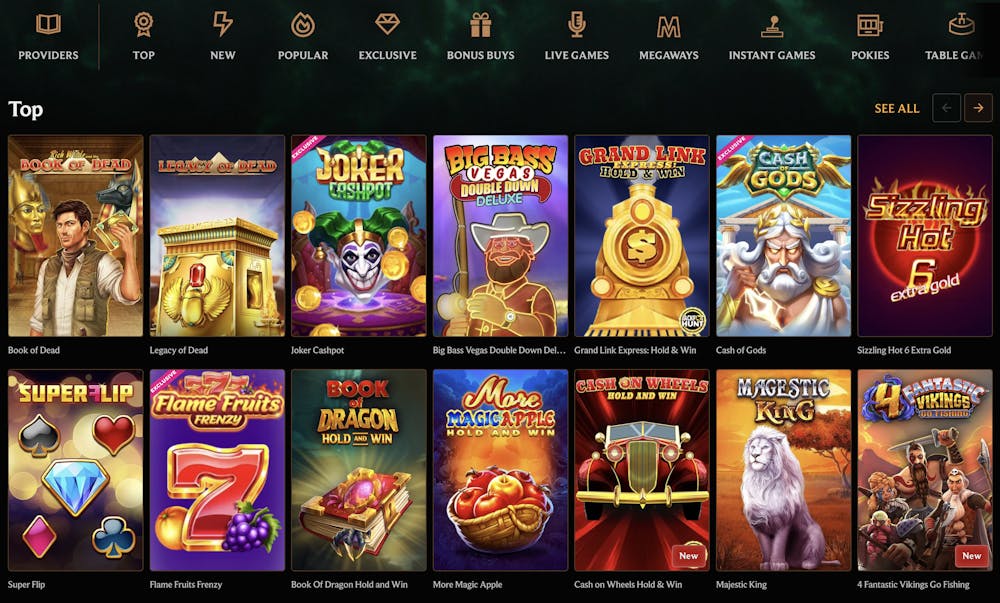 Overview of Crownplay Casino's diverse game selection featuring categories like Top, New, Popular, Exclusive, Bonus Buys, Live Games, Megaways, Instant Games, Pokies, and Table Games, with vibrant thumbnails of popular slot and casino titles.