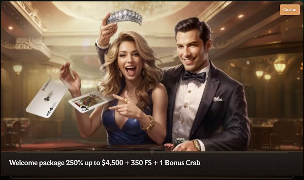 Promotional banner for Crownplay Casino's welcome package offering a 250% bonus up to $4,500, 350 free spins, and one Bonus Crab feature, showcasing a glamorous man and woman celebrating with playing cards and casino chips.