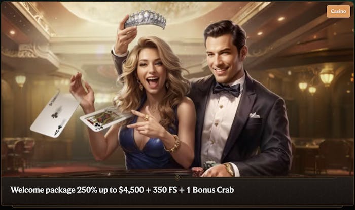 Promotional banner for Crownplay Casino's welcome package offering a 250% bonus up to $4,500, 350 free spins, and one Bonus Crab feature, showcasing a glamorous man and woman celebrating with playing cards and casino chips.