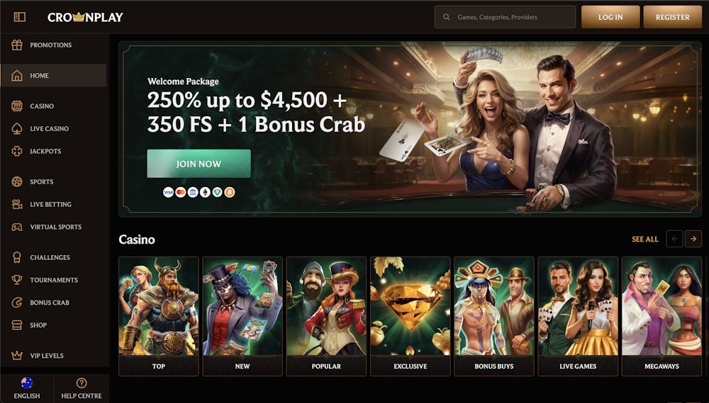 Crownplay Casino homepage featuring navigation menus for promotions, casino games, live casino, jackpots, sports betting, challenges, tournaments, Bonus Crab, shop, and VIP levels, alongside a prominent welcome bonus advertisement and a well-organized game library.