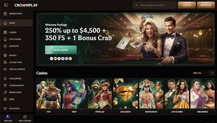 Crownplay Casino homepage featuring navigation menus for promotions, casino games, live casino, jackpots, sports betting, challenges, tournaments, Bonus Crab, shop, and VIP levels, alongside a prominent welcome bonus advertisement and a well-organized game library.