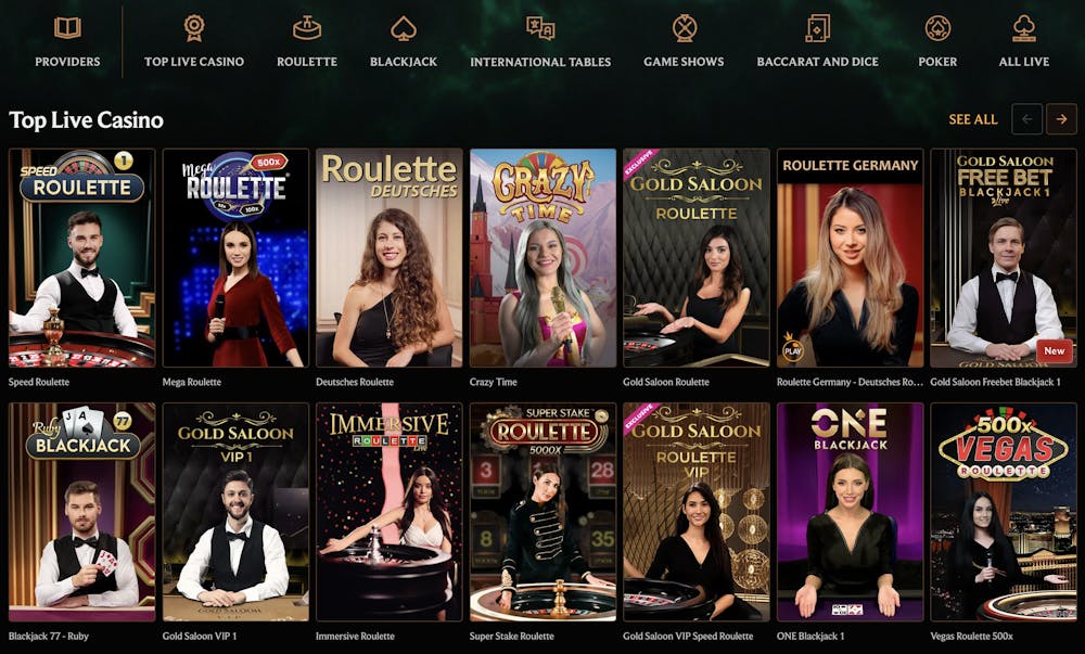 Crownplay Casino's live casino section displaying various live dealer games including Speed Roulette, Mega Roulette, Deutsches Roulette, Crazy Time, Gold Saloon Roulette, and Blackjack with professional dealers, highlighting a premium live gaming experience