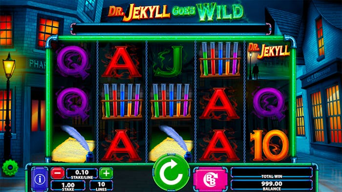 Dr. Jekyll Goes Wild' online slot gameplay showing five reels with vibrant symbols, including books, pens, and letters, set in a Victorian street backdrop with a pharmacy and street lamps glowing in the night.
