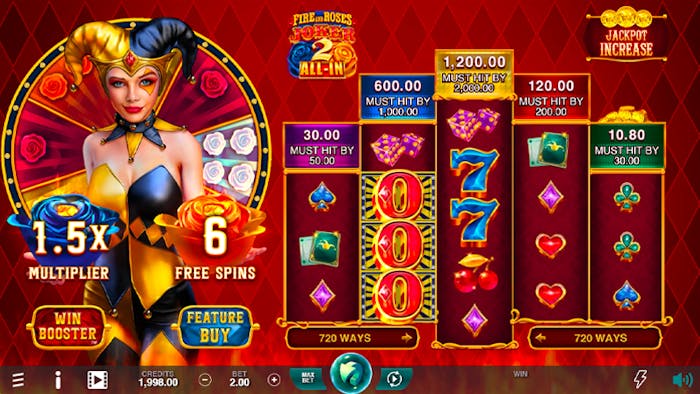 A vibrant slot game screen featuring a jester character on the left, displaying multipliers and free spins. The reels show symbols like sevens, playing card suits, and jackpot values under a red and gold diamond-patterned background.