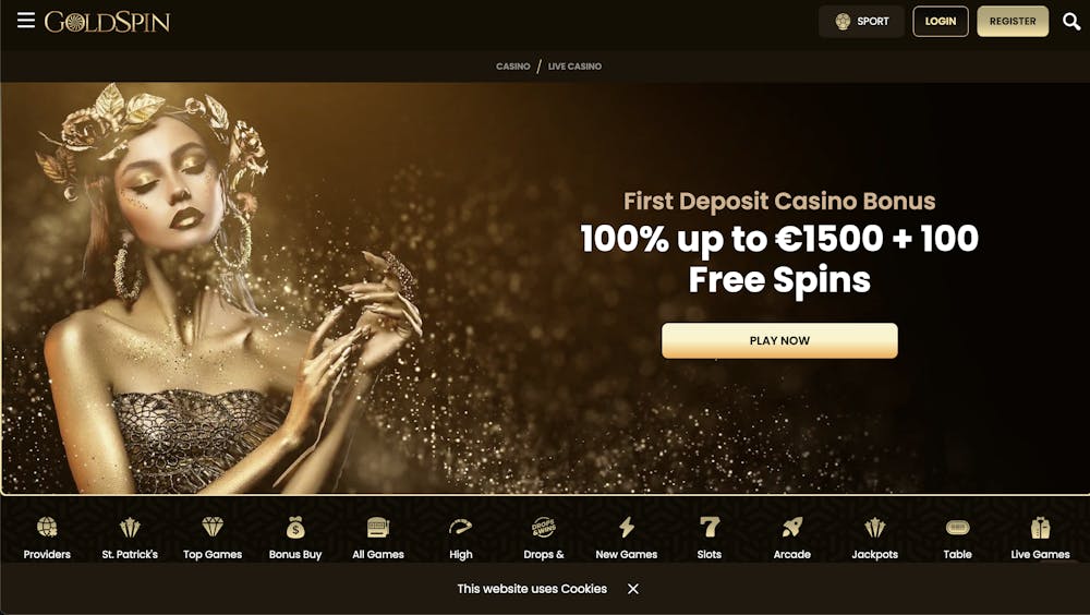 : The homepage of Goldspin Casino, displaying a promotional banner for the 