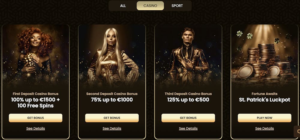 A promotional image displaying four casino bonuses at Goldspin Casino. The bonuses are for the first, second, third deposits, and a 