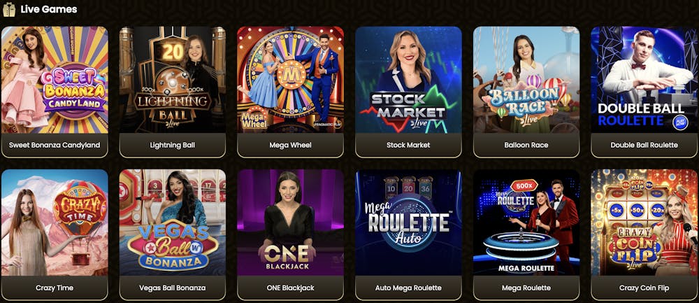 A live casino section with multiple game options like 
