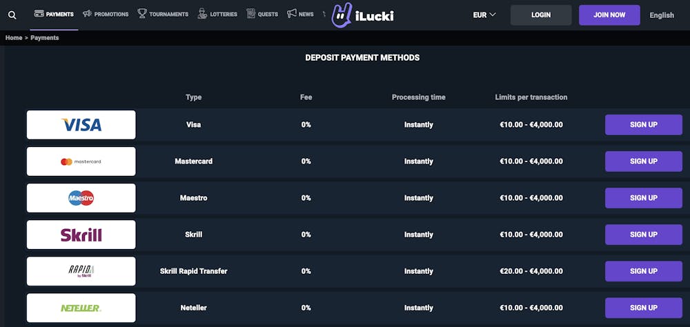 There are lots of online payment methods available at iLucki Casino.