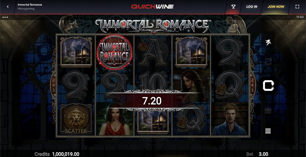 Immortal Romance slot game by Microgaming, showing a reel spin with a win of $7.20. The game interface displays symbols like a lion scatter, characters, and letters, set against a gothic background. The player's bet is displayed at the bottom.