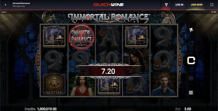 Immortal Romance slot game by Microgaming, showing a reel spin with a win of $7.20. The game interface displays symbols like a lion scatter, characters, and letters, set against a gothic background. The player's bet is displayed at the bottom.