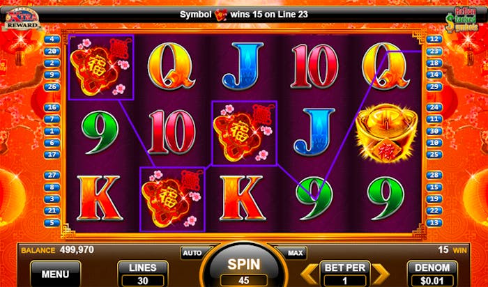 Imperial Wealth online pokie game featuring a 5-reel, 30-line layout with traditional Chinese-themed symbols, including golden ingots, red envelopes, and lucky characters, set against a red and gold background.