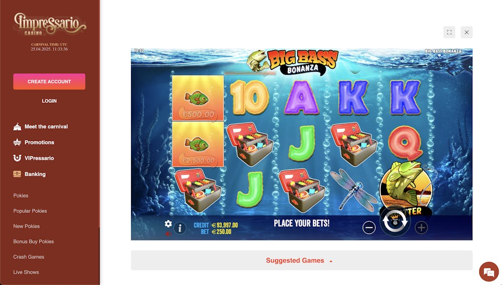 A slot game screen showing the Big Bass Bonanza game at Impressario Casino, with a credit balance of €93,997 and a bet of €250, featuring fish, a fishing tackle box, and the game’s symbols
