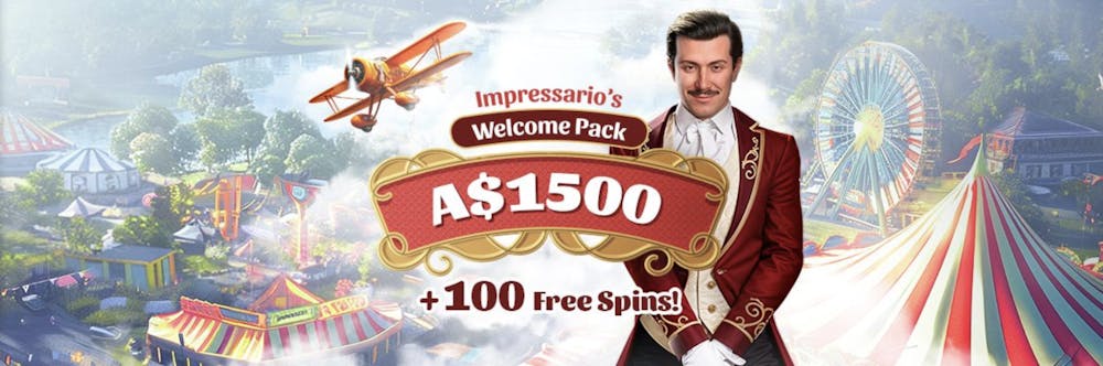 Impressario Casino's welcome pack, offering A$1500 + 100 free spins, with a background featuring carnival imagery, including a plane and colorful tents