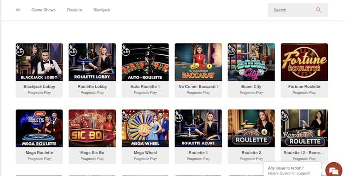 selection of live casino games at Impressario Casino, showcasing various live dealers for blackjack, roulette, and other games, with a search bar at the top