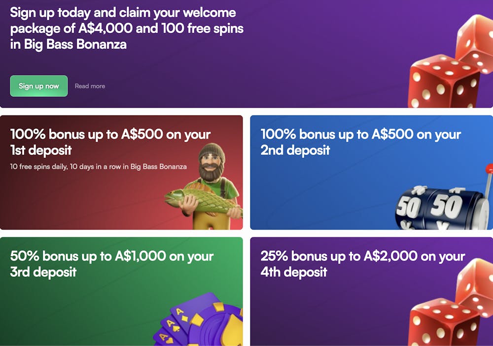 Instaspin casino welcome bonus promotions, including a A$4,000 welcome package, deposit match bonuses, and free spins on Big Bass Bonanza, displayed with colorful graphics.