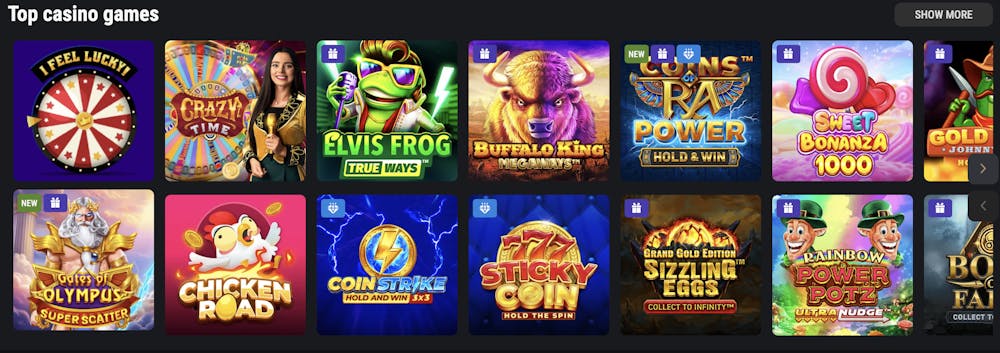 a selection of casino games available at king billy casino, with famous games such as crazy time and elvis frog