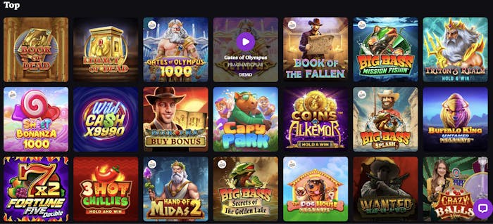 A grid of online pokie game thumbnails showcasing popular titles such as 