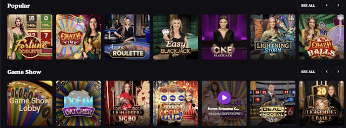 A collection of live casino game thumbnails, showcasing popular options such as 