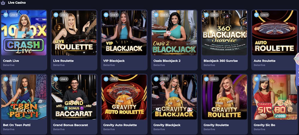 A selection of live casino games available at Lucky Friends Casino, including Live Roulette, VIP Blackjack, Oasis Blackjack 2, and various other live casino games.