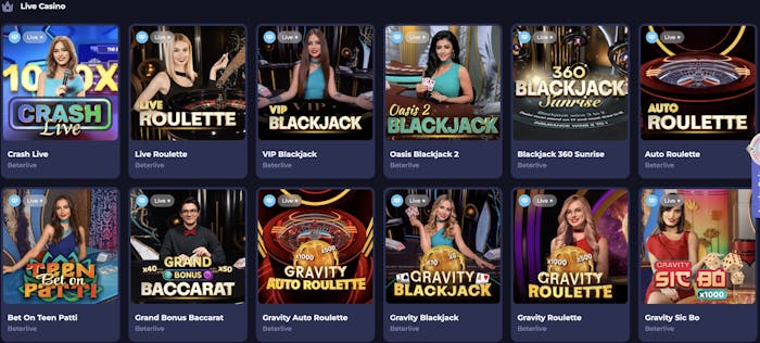 A selection of live casino games available at Lucky Friends Casino, including Live Roulette, VIP Blackjack, Oasis Blackjack 2, and various other live casino games.