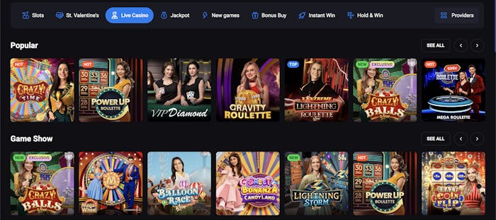 A live casino game lobby featuring popular titles like 
