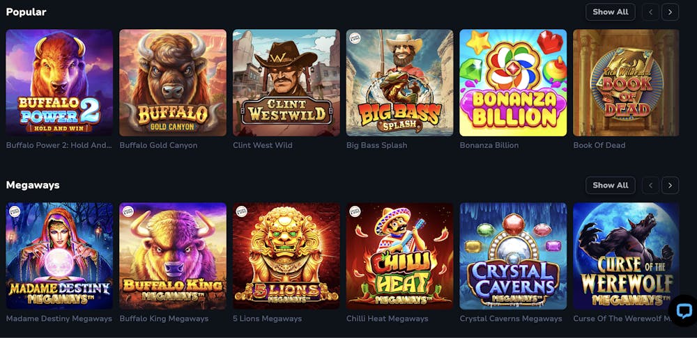 Lucky Wins Casino's 'Popular' section, displaying various games like 'Buffalo Power 2', 'Clint Westwild', and 'Bonanza Billion', with a section for Megaways games like 'Madame Destiny Megaways' and 'Buffalo King Megaways'