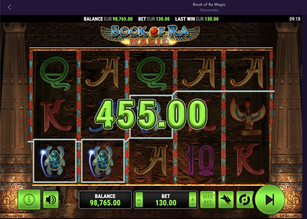 Screenshot of the Book of Dead slot game showing symbols on the reels including a character from the game and winning combination of 455.00 displayed, with a balance of EUR 98,765.00 and a bet of EUR 130.00.