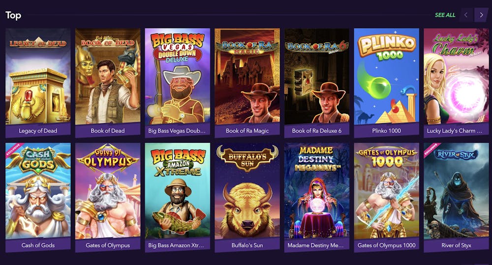 Casino game selection featuring popular titles such as Legacy of Dead, Book of Dead, Big Bass Vegas Double Down Deluxe, Book of Ra Magic, and Plinko 1000, with a focus on slot and table games