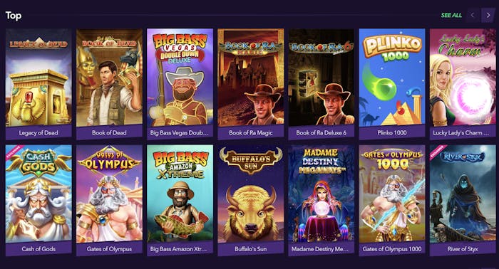 Casino game selection featuring popular titles such as Legacy of Dead, Book of Dead, Big Bass Vegas Double Down Deluxe, Book of Ra Magic, and Plinko 1000, with a focus on slot and table games