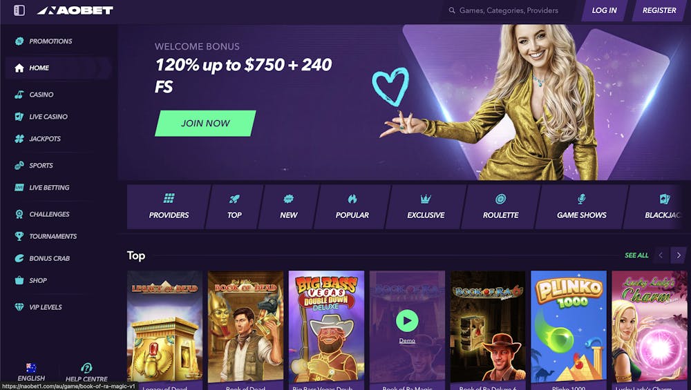 Ocean Spin casino home page featuring a welcome bonus offer of 100% up to $750 AUD + 200 free spins + 1 bonus crab, with various game categories such as providers, new, popular, exclusive, and more listed at the top.
