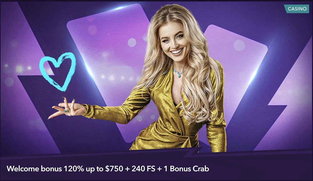 Casino welcome bonus promotion with the offer of 120% up to $750 AUD + 240 free spins + 1 bonus crab. The banner features a smiling woman in a golden dress, standing in front of a purple and blue gradient background.