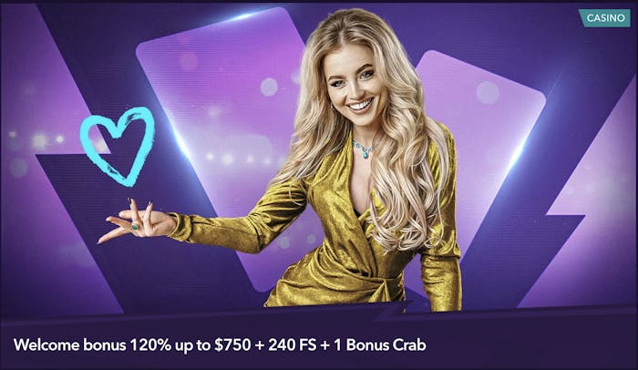 Casino welcome bonus promotion with the offer of 120% up to $750 AUD + 240 free spins + 1 bonus crab. The banner features a smiling woman in a golden dress, standing in front of a purple and blue gradient background.