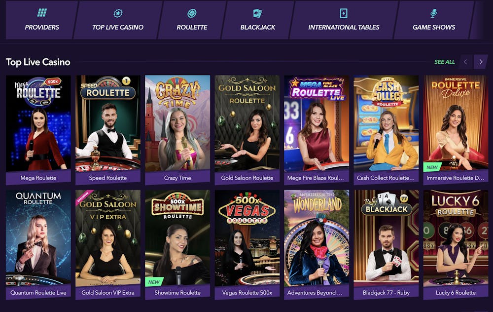 Top live casino section featuring various games like Mega Roulette, Speed Roulette, Crazy Time, Gold Saloon Roulette, and Mega Fire Blaze Roulette, with several live dealers shown presenting the games.