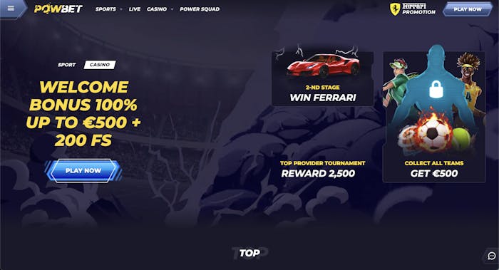 powbet casino home page with bonuses displayed