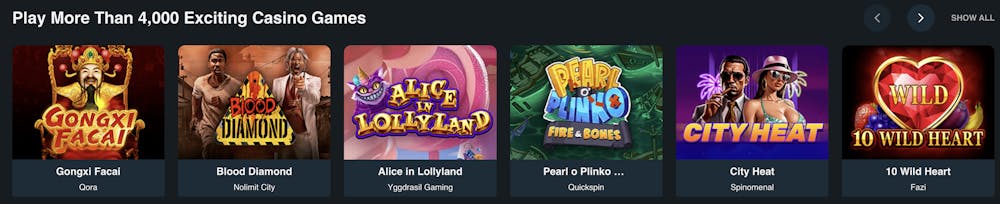 PrimeBetz Casino's top games section featuring 'Gongxi Facai', 'Blood Diamond', 'Alice in Lollyland', 'Pearl o Plinko', 'City Heat', and '10 Wild Heart'.