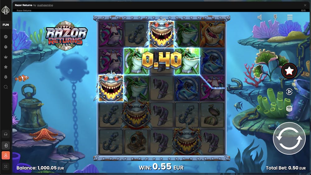 Razor Returns slot game screen showing a winning combination of sharks and other underwater symbols with a displayed win of 0.40 EUR.